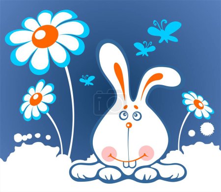 Illustration for Cheerful cartoon rabbit and flowers on a white background. - Royalty Free Image