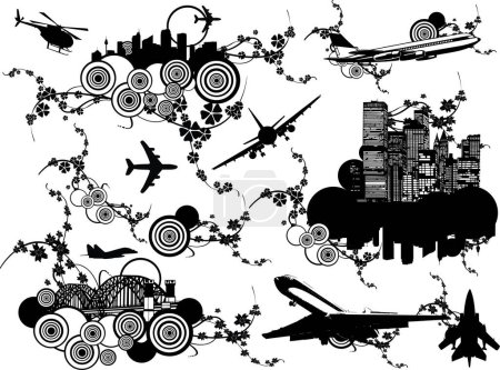 Illustration for Black and white design elements, but you can fill it with other colors too. Florish ornaments embeded in urban design elements, like : skyscraper, buildings, bridge, cityscape, town, plane,helicopter - Royalty Free Image