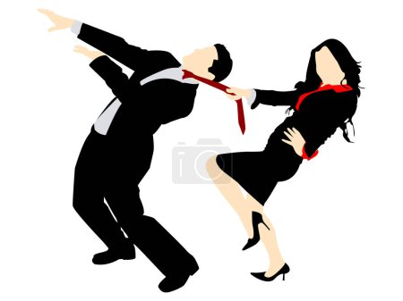 Ilustración de Mujeres de negocios tirando de la corbata de un hombre de negocios en un fondo aislado - Imagen libre de derechos