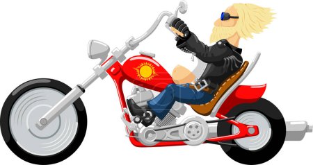 Illustration for Blonde adult man drives the red highway motorcycle. - Royalty Free Image