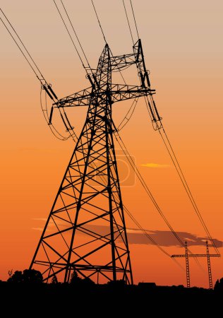 Illustration for Vector silhouette of Power lines and electric pylons - Royalty Free Image