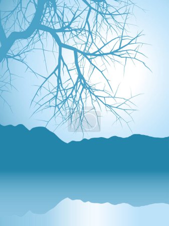 Illustration for Winter landscape featuring reflected mountains and tree branches - Royalty Free Image