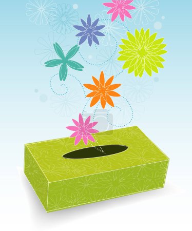 Illustration for Retro-stylized tissue box with flowers and pollen; Easy-edit layered file. - Royalty Free Image