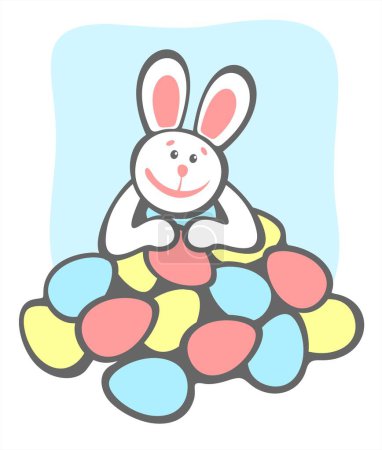 Illustration for Cheerful  rabbit and easter eggs  on a blue background. Easter illustration. - Royalty Free Image