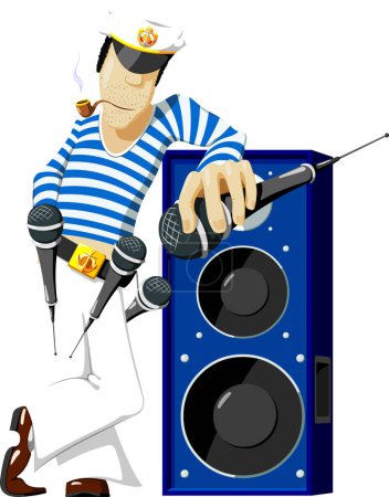 Ilustración de El marinero sostiene un micrófono apoyado en la caja de sonido. - Imagen libre de derechos