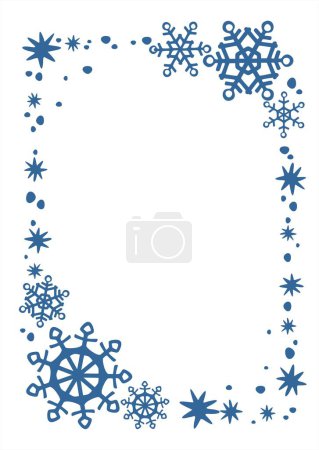 Téléchargez les illustrations : Des flocons de neige bleus et des étoiles bordent un fond blanc. Illustration de Noël. - en licence libre de droit