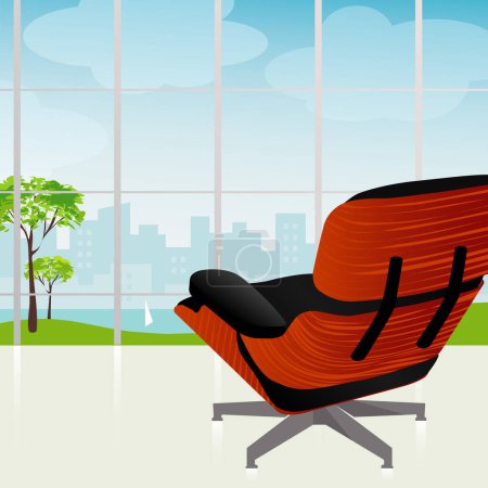 Illustration for Retro-modern lounge chair with beautiful view of the city and park. Each item is grouped and whole so you can use them independently. - Royalty Free Image