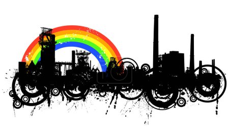 Illustration for Detailed vector illustration of an industrial skyline with rainbow and grunge - Royalty Free Image