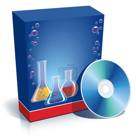 Illustration for Blue blank 3d box with different coloured chemical substances and CD. - Royalty Free Image