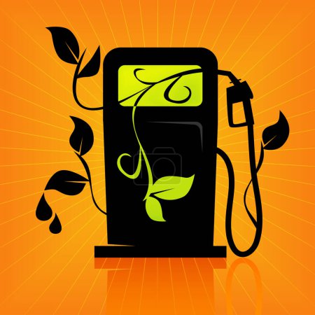 Téléchargez les illustrations : Icône de pompe à essence stylisée avec de la verdure autour. Concept : énergies alternatives - en licence libre de droit