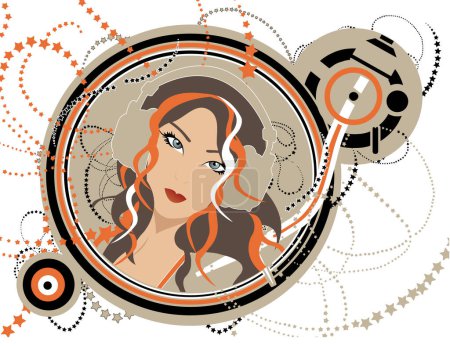 Illustration for Pretty girl face with headphone, drawned into a vinyl. - Royalty Free Image