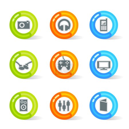Illustration for Stylish colorful gel Icons with device symbols; easy edit layered files. - Royalty Free Image