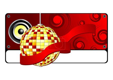 Ilustración de Banner de fiesta rojo con altavoz de bola de espejo y cinta - Imagen libre de derechos