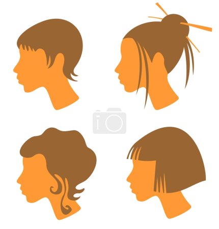 Téléchargez les illustrations : Quatre têtes féminines aux cheveux roux et différentes robes de coiffure - courtes, longues, classiques et japonaises. - en licence libre de droit