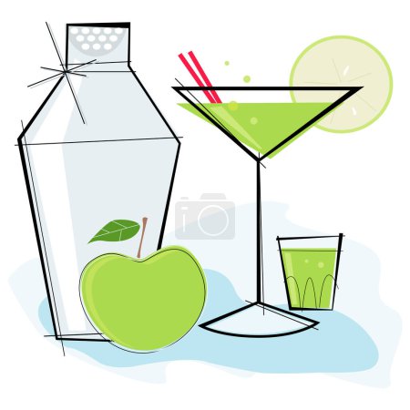 Illustration for Retro-stylized cocktail spot illustration: Green Apple Martini - Royalty Free Image