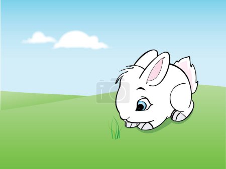 Téléchargez les illustrations : Dessin sur un petit lapin de Pâques mignon jouant sur les champs verts - en licence libre de droit