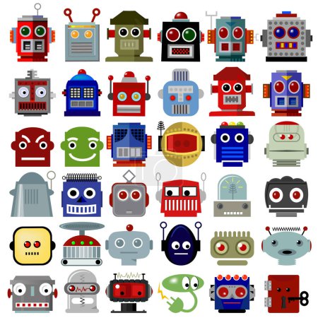 Téléchargez les illustrations : Icônes tête de robot coloré. Inspiré par les robots rétro des années 1950 et 1960. - en licence libre de droit
