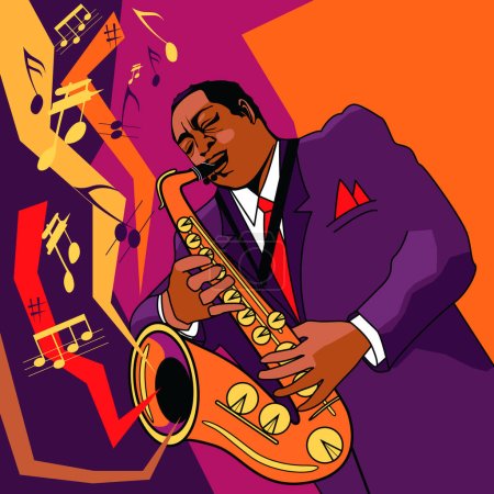 Téléchargez les illustrations : Illustration vectorielle originale d'un saxophoniste sur scène - en licence libre de droit