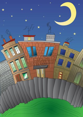 Illustration for Comic Village Street , night with stars and moon - Royalty Free Image