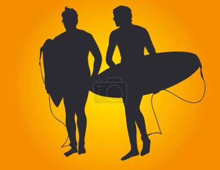 Illustration for Two surfer vector silhouettes leaving their favorite break with their boards in hand. - Royalty Free Image