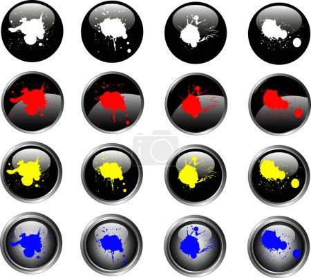Illustration for 16 Splatted Black Web Buttons with silver metallic edging - Royalty Free Image