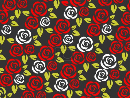 Téléchargez les illustrations : Motif stylisé de roses rouges et blanches sur fond noir. - en licence libre de droit