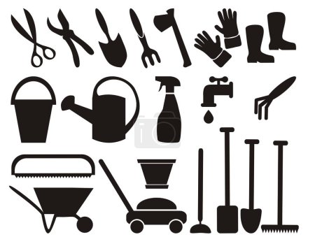 Ilustración de Conjunto de silueta de varias herramientas de jardinería - Imagen libre de derechos