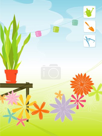 Illustration for Modern, colorful stylized outdoor garden with paper lanterns, potting bench and flowers. Includes gardening icons. Items are grouped so you can use them independently from the background. - Royalty Free Image
