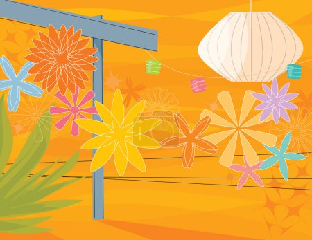 Téléchargez les illustrations : Moderne, coloré fête patio extérieur stylisé avec tonnelle et fleurs. Les éléments sont regroupés afin que vous puissiez les utiliser indépendamment de l'arrière-plan. - en licence libre de droit