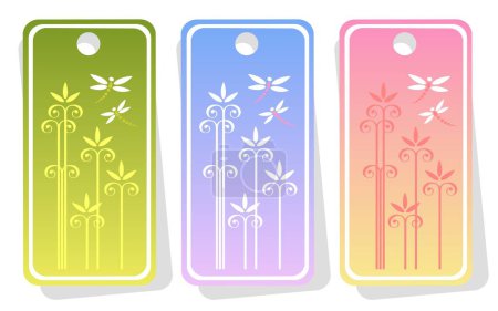 Ilustración de Tres etiquetas de precio adornadas con patrón floral y libélulas aisladas sobre un fondo blanco. - Imagen libre de derechos