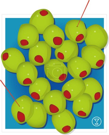 Téléchargez les illustrations : Des olives vertes élégantes avec des pimentos rouges sur fond bleu avec des cure-dents rouges. Comprend une icône de martini. - en licence libre de droit
