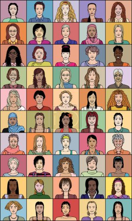 Ilustración de Cincuenta mujeres adultas de distintas edades y nacionalidades - Imagen libre de derechos