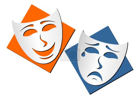 Máscaras representando comedia teatral y drama sobre fondo blanco
