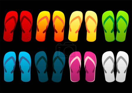 Illustration for Beach sandals set. Different colorful flip-flops over black background - Royalty Free Image