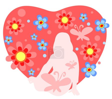 Ilustración de Silueta de niña rosa con mariposas y corazón adornado con flores aisladas sobre un fondo blanco. - Imagen libre de derechos