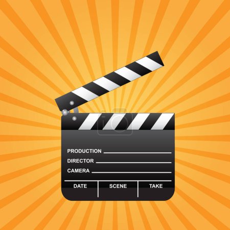 Illustration for Open clapboard on orange beams background. (vector) - Royalty Free Image