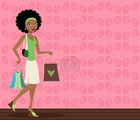 Ilustración de Elegante mujer afroamericana con bolsas de compras en la mano - Imagen libre de derechos