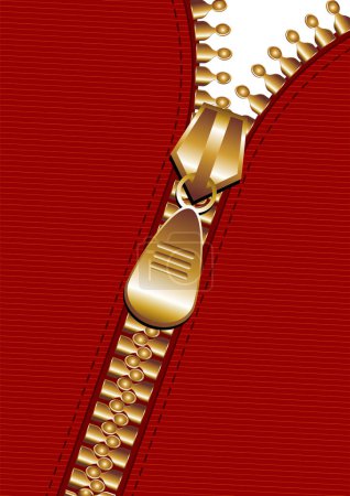 Illustration for Gold zipper in a diagonal line over red fabric - Royalty Free Image