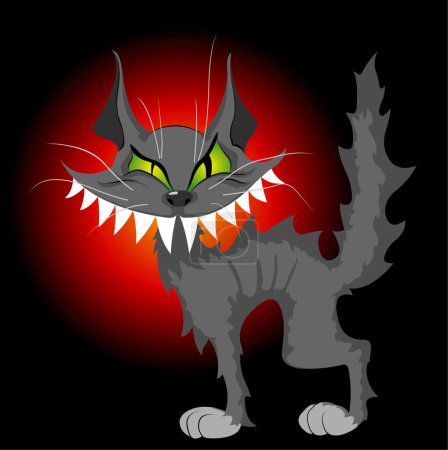 Ilustración de Salvaje sabio y astuto gato gris con grandes ojos verdes y amplia sonrisa. - Imagen libre de derechos
