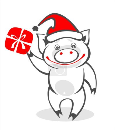 Téléchargez les illustrations : Cochon de Noël stylisé et boîte cadeau sur fond blanc. Illustration numérique. - en licence libre de droit