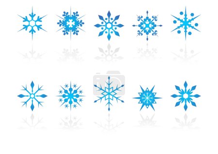 Illustration for Different snow crystals with reflection over white background - Royalty Free Image