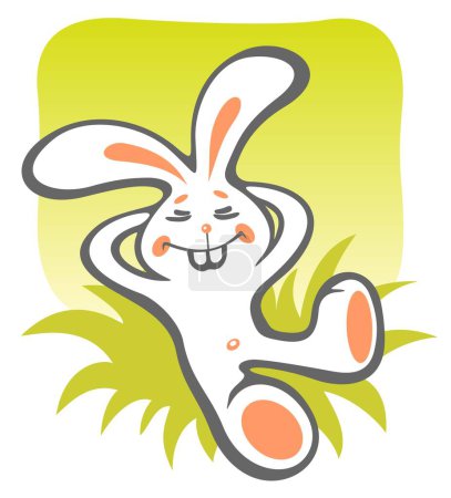 Téléchargez les illustrations : Dessin animé lapin heureux repose sur un fond vert. - en licence libre de droit