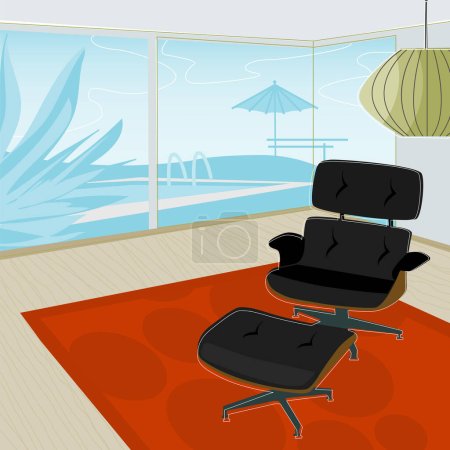 Illustration for Retro-stylized modern lounge chair with view of swimming pool. Each item is grouped so you can use them independently from the background. Layered file for easy edit. - Royalty Free Image