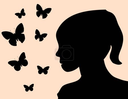 Téléchargez les illustrations : Illustrations vectorielles d'une jeune fille silhouette avec des papillons volants. - en licence libre de droit