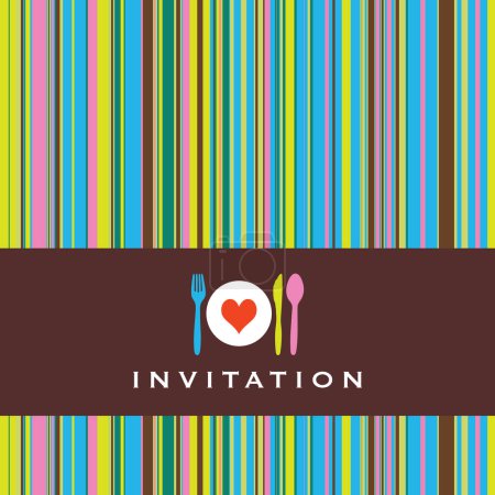 Ilustración de Invitación a cenar con cuchara, tenedor, cuchillo y plato de cena, fondo retro rayado - Imagen libre de derechos