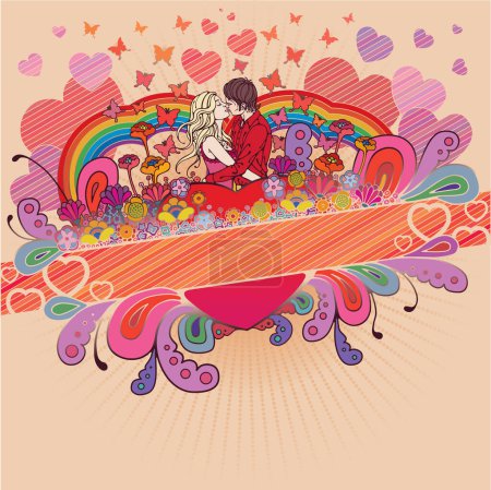 Illustration for Loving couple in beautiful composition of flowers, hearts and butterflies - Royalty Free Image