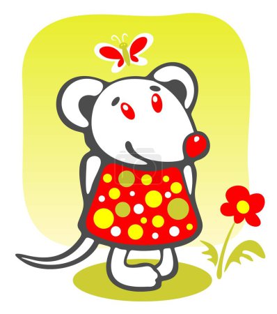 Illustration for Cheerful mousy and flower on a green background. - Royalty Free Image