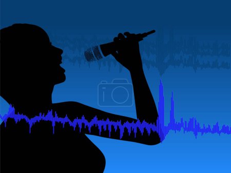 Téléchargez les illustrations : Discothèque Singer avec microphone et ondes sonores bleues - en licence libre de droit