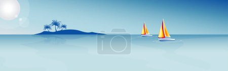 Ilustración de Un vector panorámico ilustración de un horizonte de mar soleado con una isla aislada y 2 veleros en una distancia. Todos los objetos están en capas adecuadas. - Imagen libre de derechos