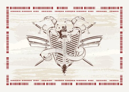 Ilustración de Cartel vector de guitarra en el escudo con pancartas - Imagen libre de derechos